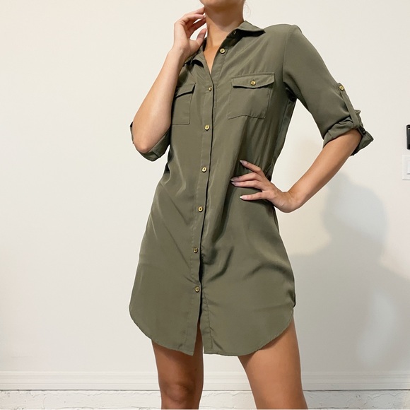 Olive green button up shirt dress - Picture 3 of 5